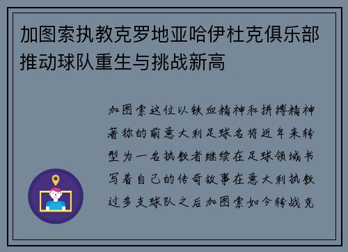 加图索执教克罗地亚哈伊杜克俱乐部推动球队重生与挑战新高 加图索执教克罗地亚哈伊杜克俱乐部推动球队重生与挑战新高