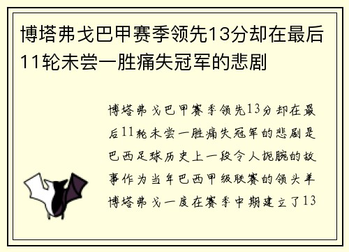 博塔弗戈巴甲赛季领先13分却在最后11轮未尝一胜痛失冠军的悲剧 博塔弗戈巴甲赛季领先13分却在最后11轮未尝一胜痛失冠军的悲剧