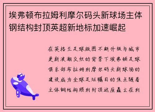 埃弗顿布拉姆利摩尔码头新球场主体钢结构封顶英超新地标加速崛起 埃弗顿布拉姆利摩尔码头新球场主体钢结构封顶英超新地标加速崛起